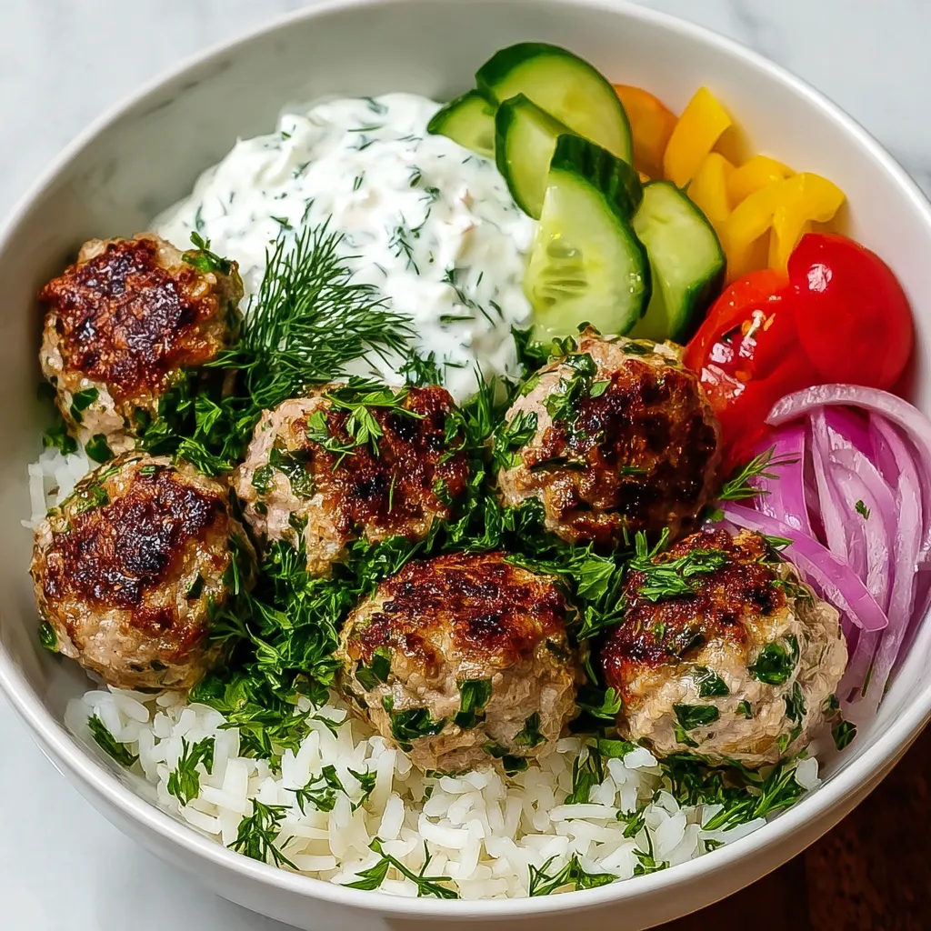 Greek Meatball Bowl with Tzatziki, Rice & Fresh Veggies