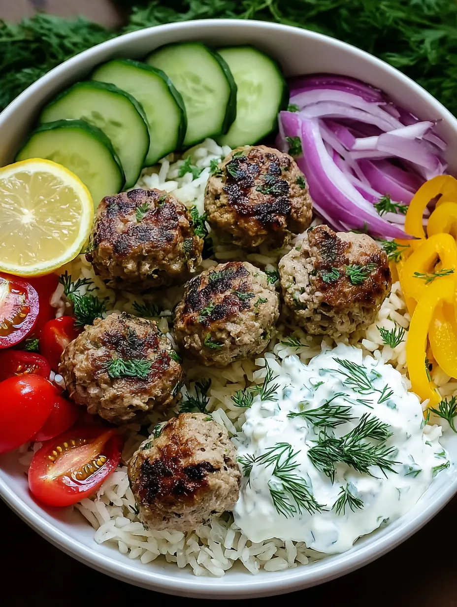 Greek Meatball Bowl with Tzatziki, Rice & Fresh Veggies